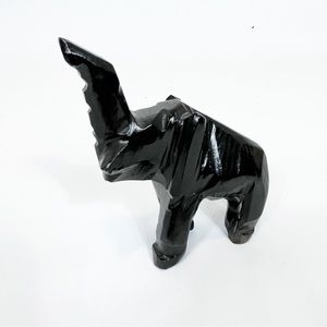 Hand Carved Black Polished Stone Elephant Trunk Up 4.5” Tall